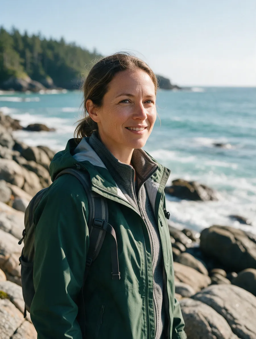 Maya, a Cedar and Tide guide, on the rocky shore near Ucluelet